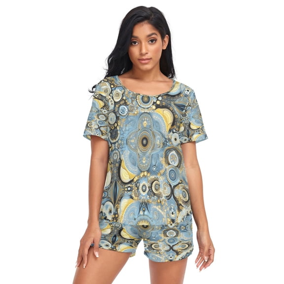 Women Pajama Sets Short Sleeve Sweatshirts Celestial Blue Casual Tops and Shorts