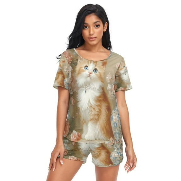Women Pajama Sets Short Sleeve Sweatshirts Charming Cat in Floral Wonderland Casual Tops and Shorts
