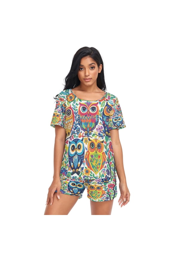 Women Pajama Sets Short Sleeve Sweatshirts Charming Owls Amongst Nature Casual Tops and Shorts