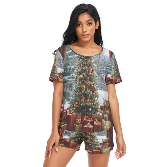Women Pajama Sets Short Sleeve Sweatshirts Christmas Tree Decorated with Gifts Casual Tops and Shorts