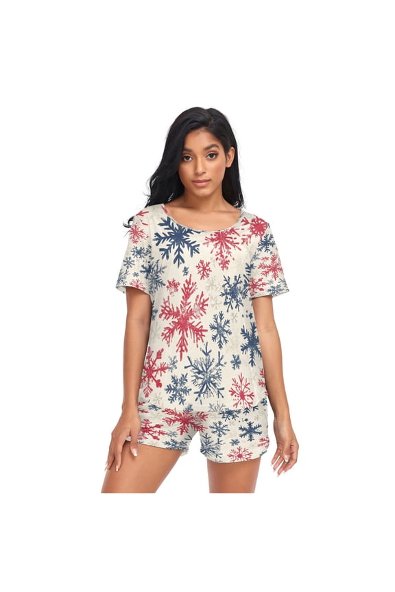 Women Pajama Sets Short Sleeve Sweatshirts Classic Red and Navy Snowflakes Casual Tops and Shorts