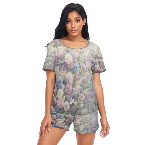 Women Pajama Sets Short Sleeve Sweatshirts Colorful Assortment Of Flowers Casual Tops and Shorts
