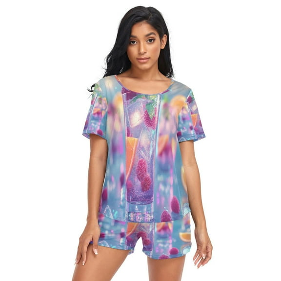 Women Pajama Sets Short Sleeve Sweatshirts Colorful Cocktails with Ice Cubes Casual Tops and Shorts