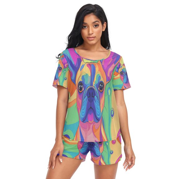 Women Pajama Sets Short Sleeve Sweatshirts Colorful Dog Art Casual Tops and Shorts