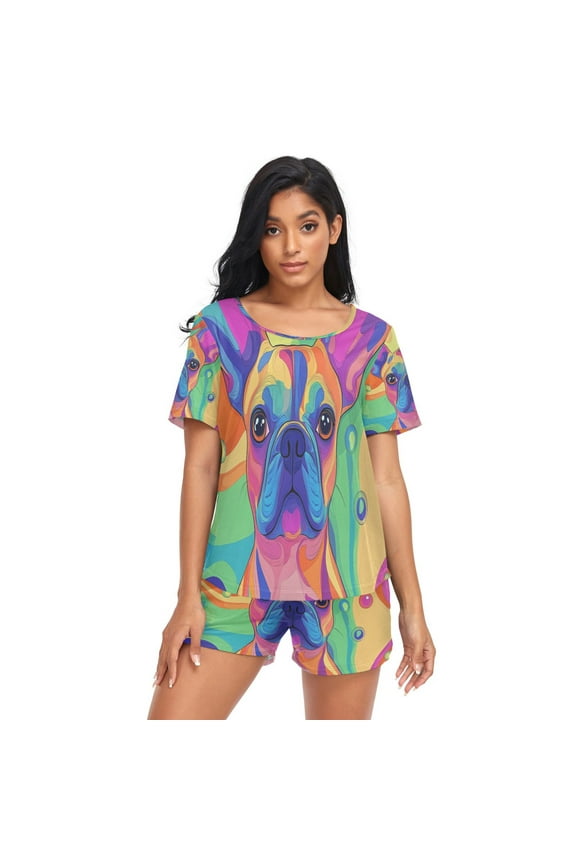 Women Pajama Sets Short Sleeve Sweatshirts Colorful Dog Art Casual Tops and Shorts