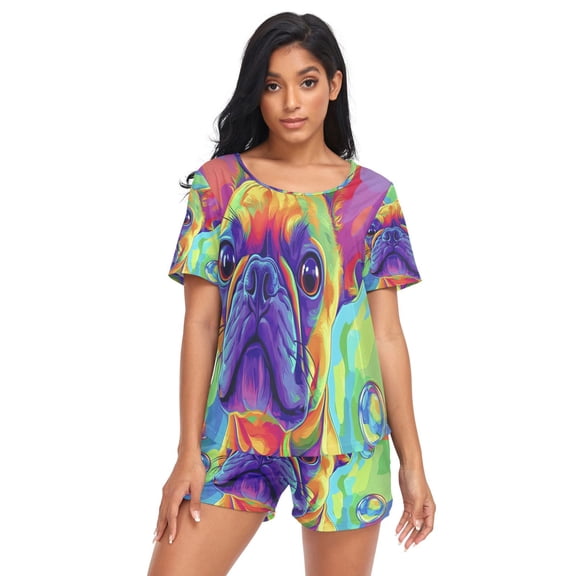 Women Pajama Sets Short Sleeve Sweatshirts Colorful Dog Pianting Casual Tops and Shorts