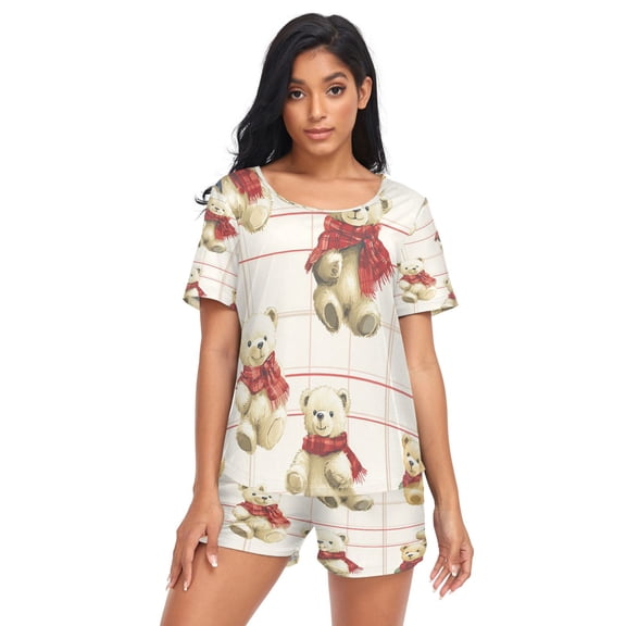 Women Pajama Sets Short Sleeve Sweatshirts Comfy Bears on Checkered Canvas Casual Tops and Shorts
