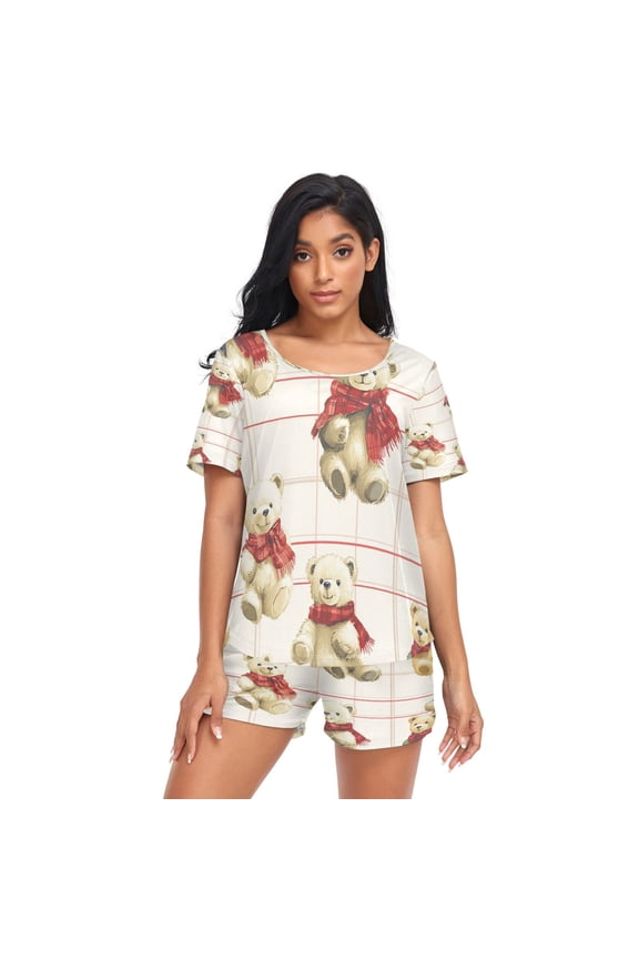 Women Pajama Sets Short Sleeve Sweatshirts Comfy Bears on Checkered Canvas Casual Tops and Shorts
