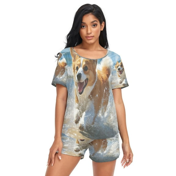 Women Pajama Sets Short Sleeve Sweatshirts Corgi Running on Beach Casual Tops and Shorts