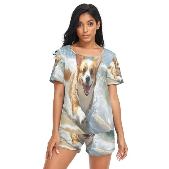 Women Pajama Sets Short Sleeve Sweatshirts Corgi on Beach Casual Tops and Shorts