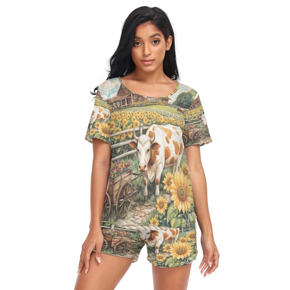 Women Pajama Sets Short Sleeve Sweatshirts Cow with Cart in Sunflower Field Casual Tops and Shorts