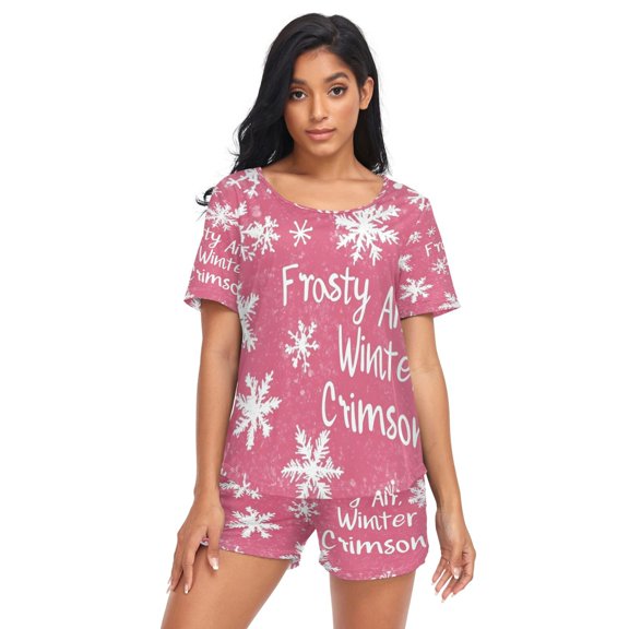 Women Pajama Sets Short Sleeve Sweatshirts Crimson Snowflake Dreams Casual Tops and Shorts