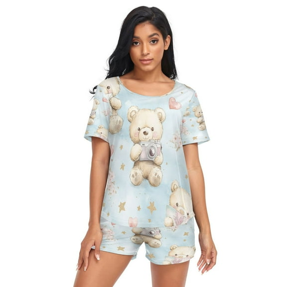 Women Pajama Sets Short Sleeve Sweatshirts Cuddly Bears and Memories Casual Tops and Shorts