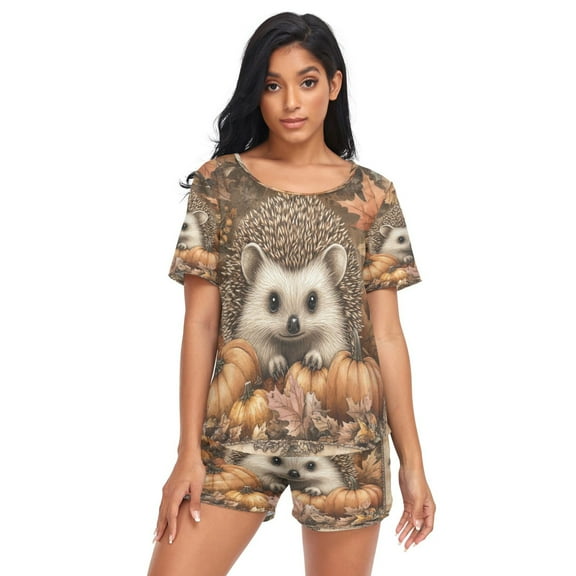 Women Pajama Sets Short Sleeve Sweatshirts Cute Hedgehog Pattern Casual Tops and Shorts