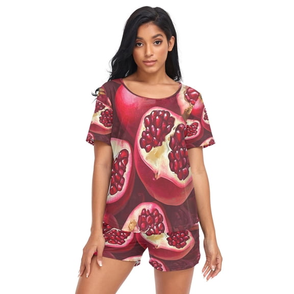 Women Pajama Sets Short Sleeve Sweatshirts Cute Pomegranate Seamless Pattern Casual Tops and Shorts