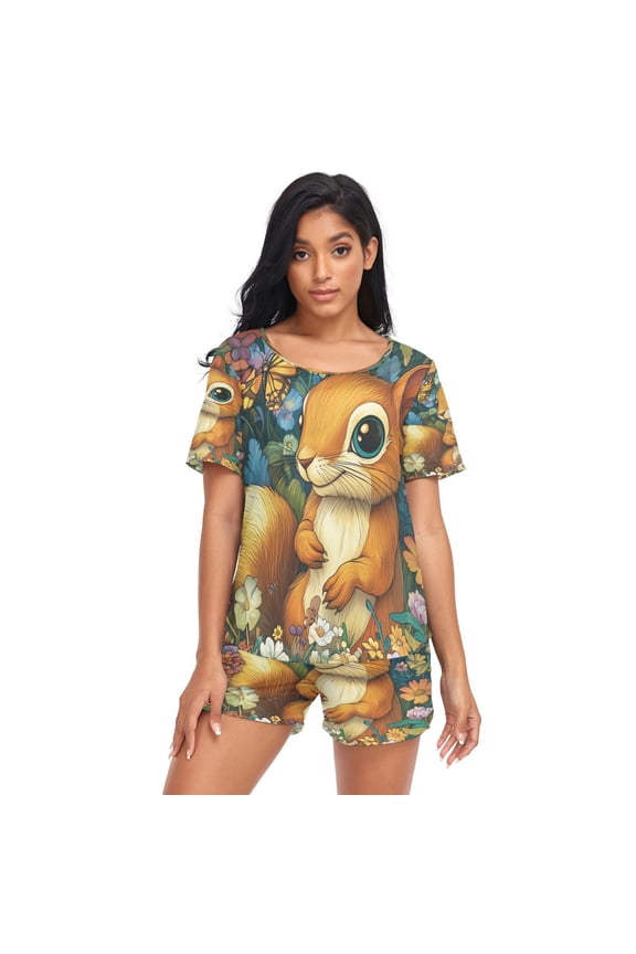 Women Pajama Sets Short Sleeve Sweatshirts Cute Squirrel Casual Tops and Shorts