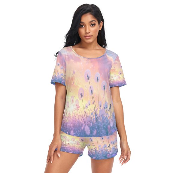 Women Pajama Sets Short Sleeve Sweatshirts Dandelions in Colorful Field Casual Tops and Shorts