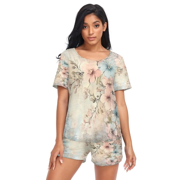 Women Pajama Sets Short Sleeve Sweatshirts Delicate Blossoms on Soft Canvas Casual Tops and Shorts