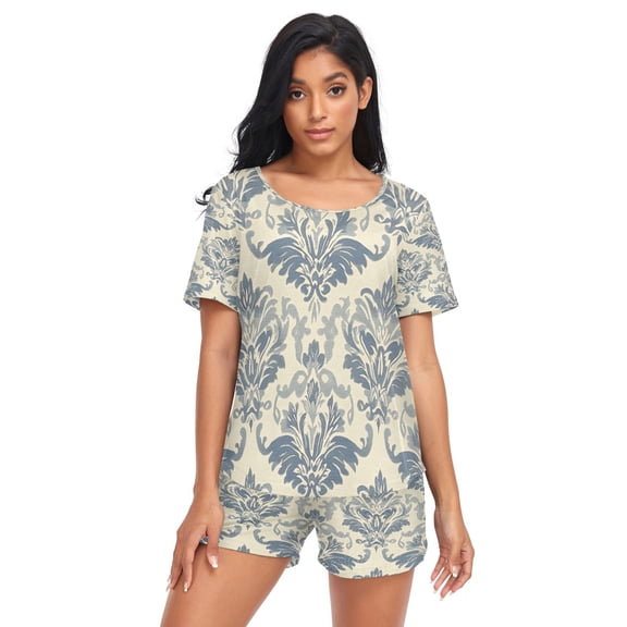 Women Pajama Sets Short Sleeve Sweatshirts Elegant Blue Damask Pattern Casual Tops and Shorts