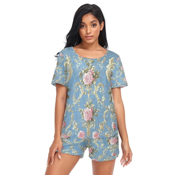 Women Pajama Sets Short Sleeve Sweatshirts Elegant Floral Damask Design Casual Tops and Shorts