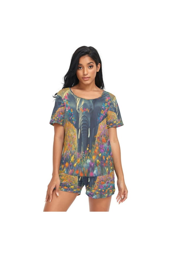 Women Pajama Sets Short Sleeve Sweatshirts Elephant in Colorful Flower Field Casual Tops and Shorts