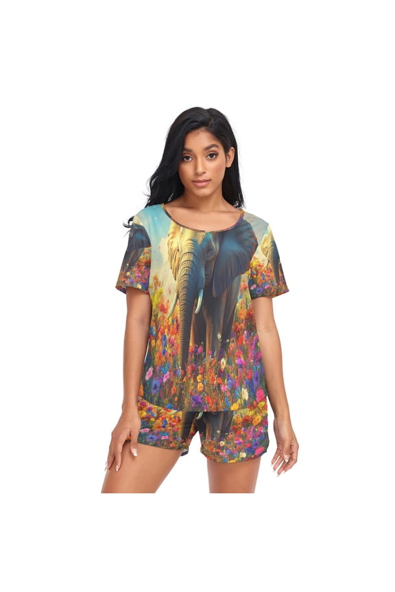 Women Pajama Sets Short Sleeve Sweatshirts Elephant in Colorful Flowers Casual Tops and Shorts