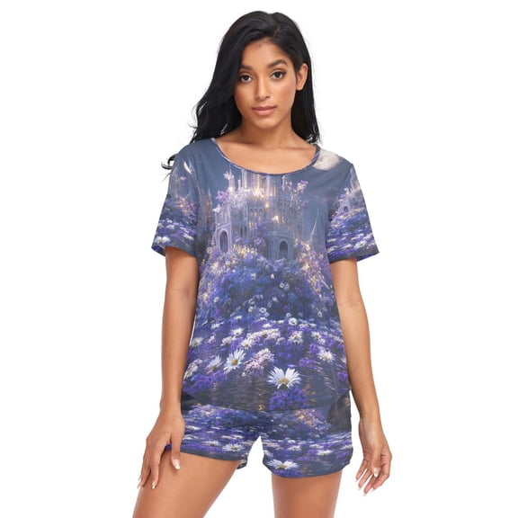 Women Pajama Sets Short Sleeve Sweatshirts Fantasy Palacel Painting Casual Tops and Shorts