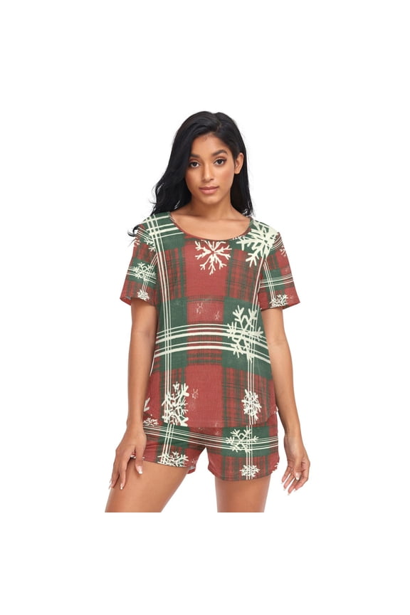 Women Pajama Sets Short Sleeve Sweatshirts Festive Plaid Snowflakes Casual Tops and Shorts
