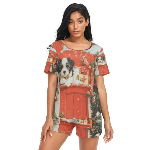 Women Pajama Sets Short Sleeve Sweatshirts Festive Welcome Casual Tops and Shorts
