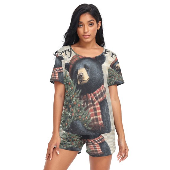 Women Pajama Sets Short Sleeve Sweatshirts Ffyy3_a_charming_christmas-themed_black_bear_wearing_a_hat_and__aed36a1c-ef74-4ac5-af65-3feaf34a207f Casual Tops and Shorts