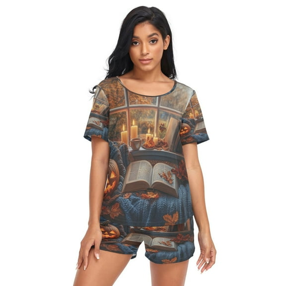 Women Pajama Sets Short Sleeve Sweatshirts Ffyy3_a_cozy_autumn_scene_with_an_open_book_pumpkin_and_leaves__6fc384bd-4a5f-4c6c-886f-065a6defeaff Casual Tops and Shorts