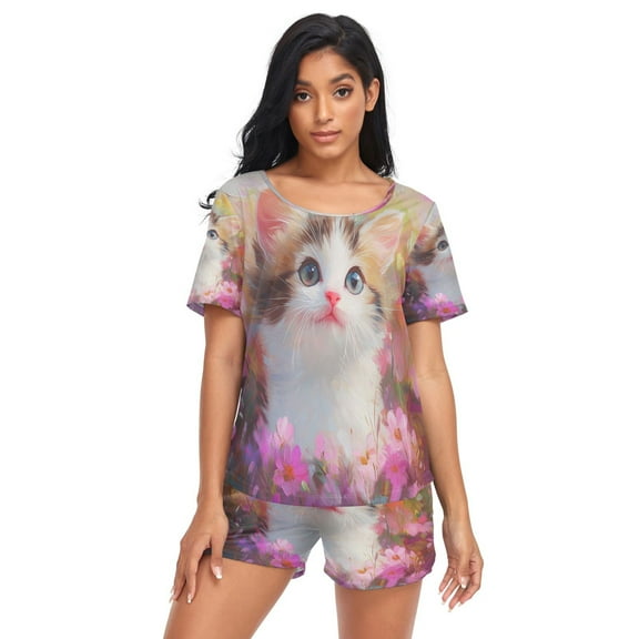 Women Pajama Sets Short Sleeve Sweatshirts Floral Dreamer Casual Tops and Shorts