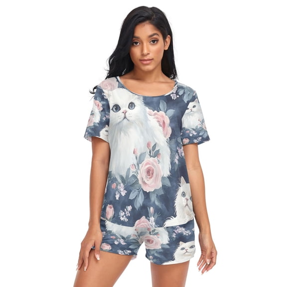 Women Pajama Sets Short Sleeve Sweatshirts Floral Felines Casual Tops and Shorts