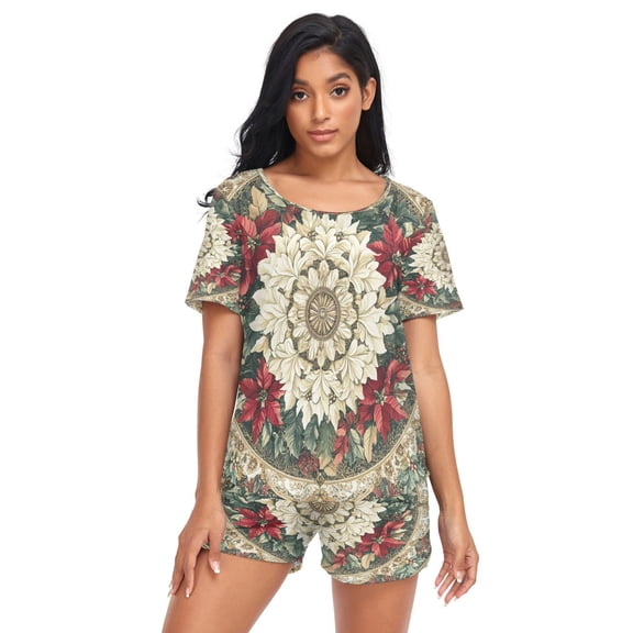 Women Pajama Sets Short Sleeve Sweatshirts Floral Splendor Casual Tops and Shorts