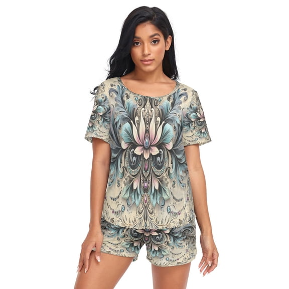 Women Pajama Sets Short Sleeve Sweatshirts Floral and Jewel Design Pattern Casual Tops and Shorts