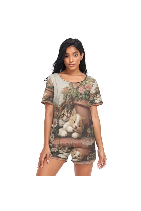 Women Pajama Sets Short Sleeve Sweatshirts Flower Garden Cuddles Casual Tops and Shorts