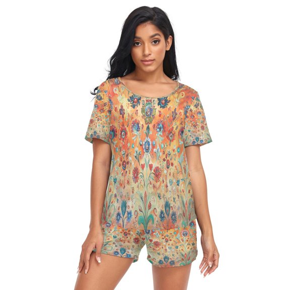 Women Pajama Sets Short Sleeve Sweatshirts Flowers Seamlee Pattern Casual Tops and Shorts