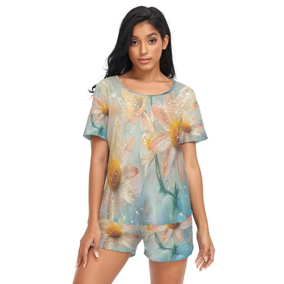 Women Pajama Sets Short Sleeve Sweatshirts Flowers with Raindrops Casual Tops and Shorts