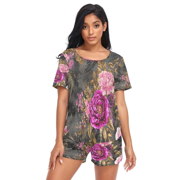 Women Pajama Sets Short Sleeve Sweatshirts Forals Bloom Pattern Casual Tops and Shorts