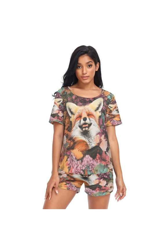 Women Pajama Sets Short Sleeve Sweatshirts Fox in Floral Casual Tops and Shorts