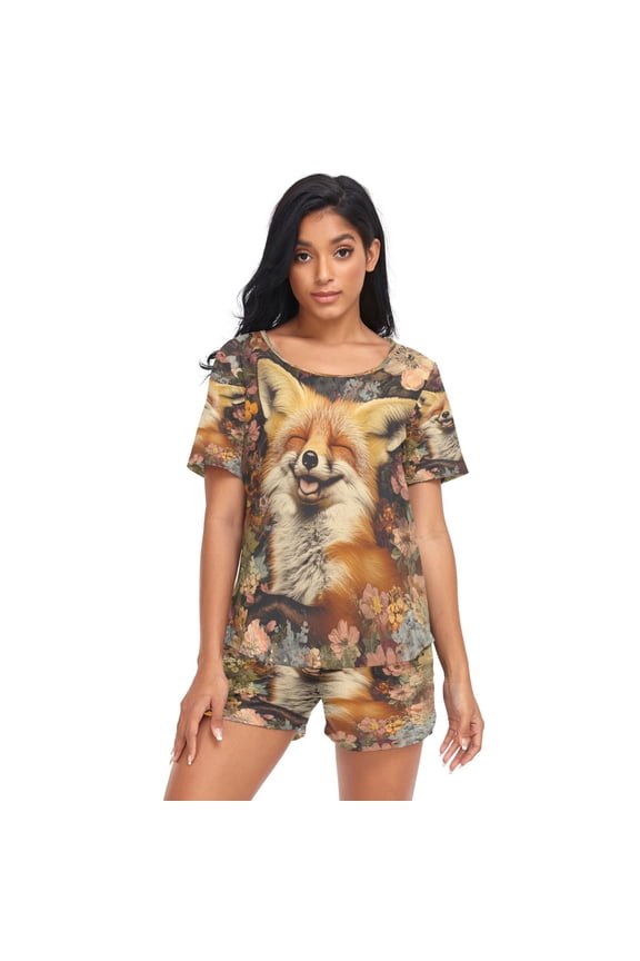 Women Pajama Sets Short Sleeve Sweatshirts Fox in Flowers Casual Tops and Shorts