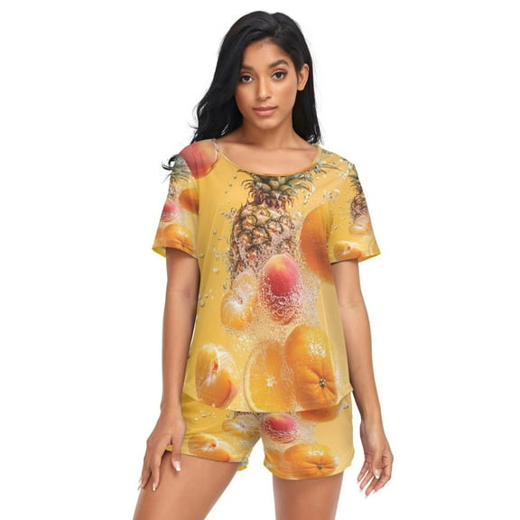 Women Pajama Sets Short Sleeve Sweatshirts Fruits Splashing in Water Casual Tops and Shorts