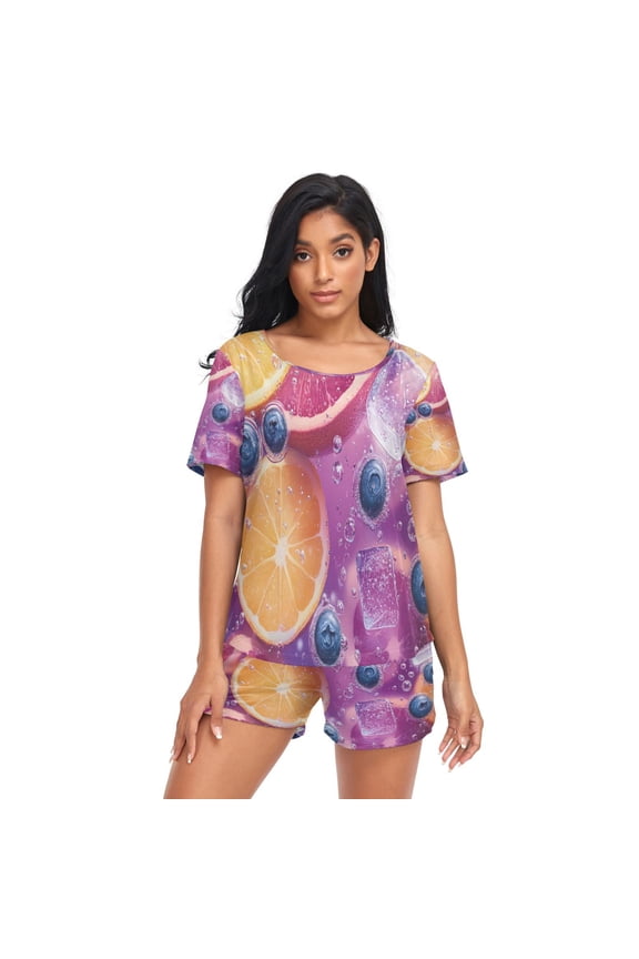 Women Pajama Sets Short Sleeve Sweatshirts Fruits and Ice in Water Casual Tops and Shorts