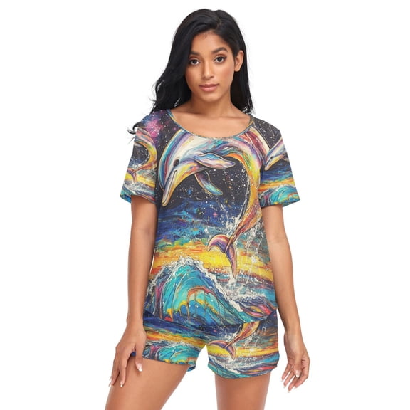 Women Pajama Sets Short Sleeve Sweatshirts Galactic Wave Rider Casual Tops and Shorts
