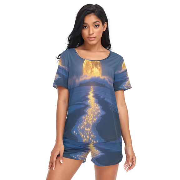 Women Pajama Sets Short Sleeve Sweatshirts Glowing Celestial over Ocean Casual Tops and Shorts