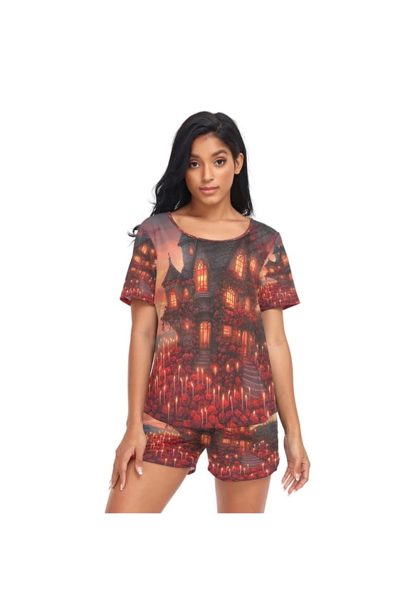Women Pajama Sets Short Sleeve Sweatshirts Gothic House with Roses Candles Casual Tops and Shorts