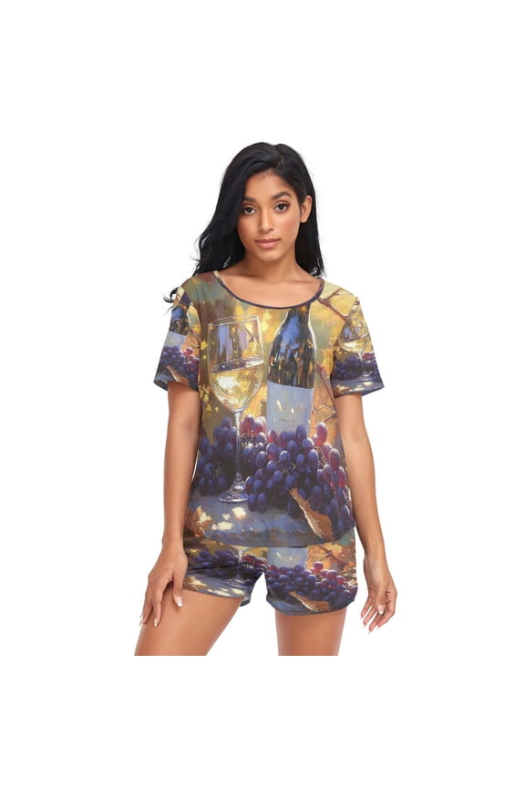 Women Pajama Sets Short Sleeve Sweatshirts Grape and Wine Painting Casual Tops and Shorts