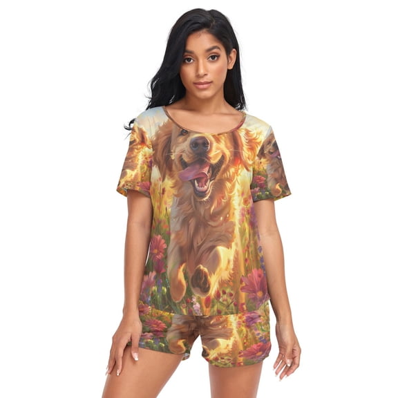 Women Pajama Sets Short Sleeve Sweatshirts Happy Paws in Bloom Casual Tops and Shorts