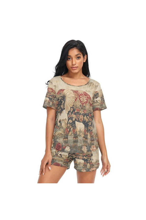 Women Pajama Sets Short Sleeve Sweatshirts He Ornate Elephant Casual Tops and Shorts