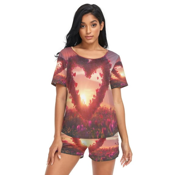 Women Pajama Sets Short Sleeve Sweatshirts Heart Shaped Rose Casual Tops and Shorts